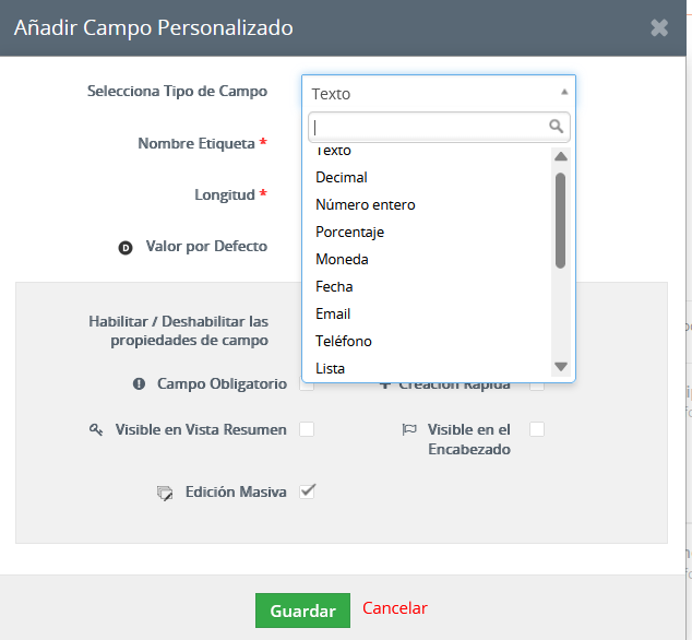Formulario Añadir Campo Personalizado con el desplegable Selecciona Tipo de Campo abierto mostrando Texto, Decimal, Moneda, Fecha, Email, Teléfono y Lista, los campos Nombre Etiqueta, Longitud y Valor por Defecto, y las casillas Campo Obligatorio, Visible en Vista Resumen y Edición Masiva con los botones Guardar y Cancelar