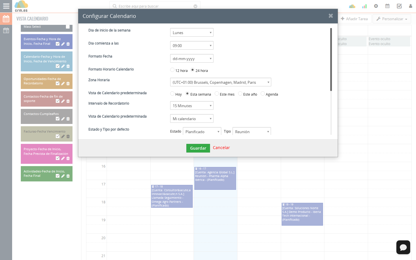 Configuración de calendario documentada en CRM.ES