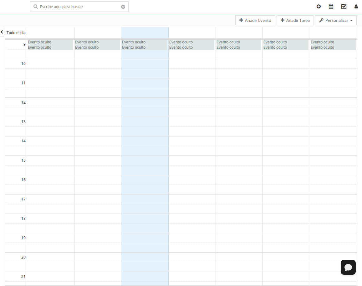 Vista de calendario con selector Mes, Semana, Día y Agenda; los títulos de eventos existentes se han ocultado