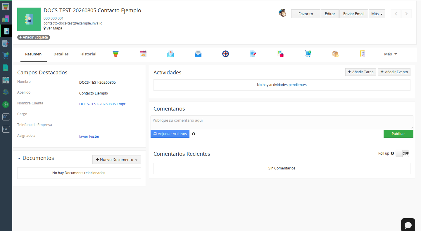 Ficha del contacto de ejemplo después de guardar el registro