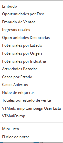 Menú Añadir Widget documentado en CRM.ES