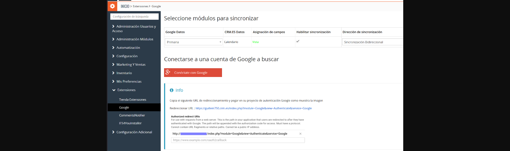 Selección del calendario, asignación de campos, activación y dirección de sincronización con Google