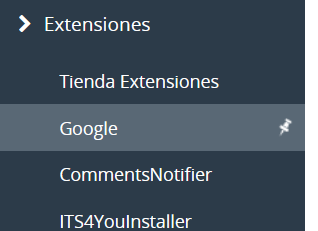 Menú Extensiones con el acceso a la configuración de Google
