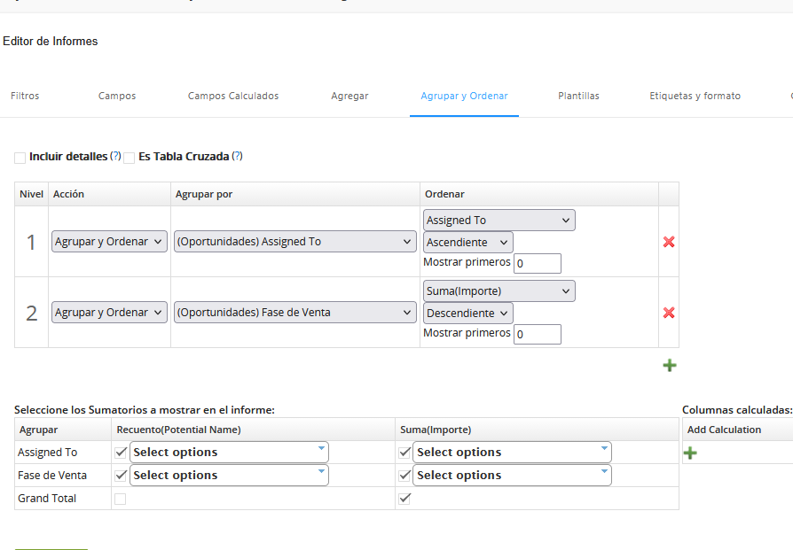 Configuración de dos niveles para agrupar oportunidades por responsable y fase de venta, ordenar el importe y seleccionar los totales que mostrará el informe