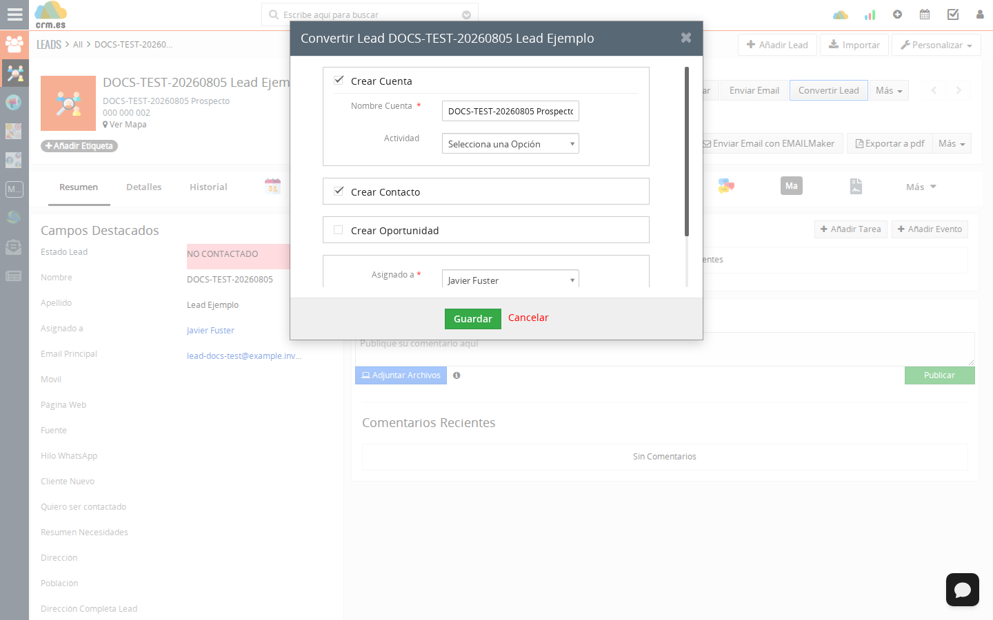 Cuadro de conversión abierto sobre un lead Ejemplo con las opciones para crear los registros comerciales
