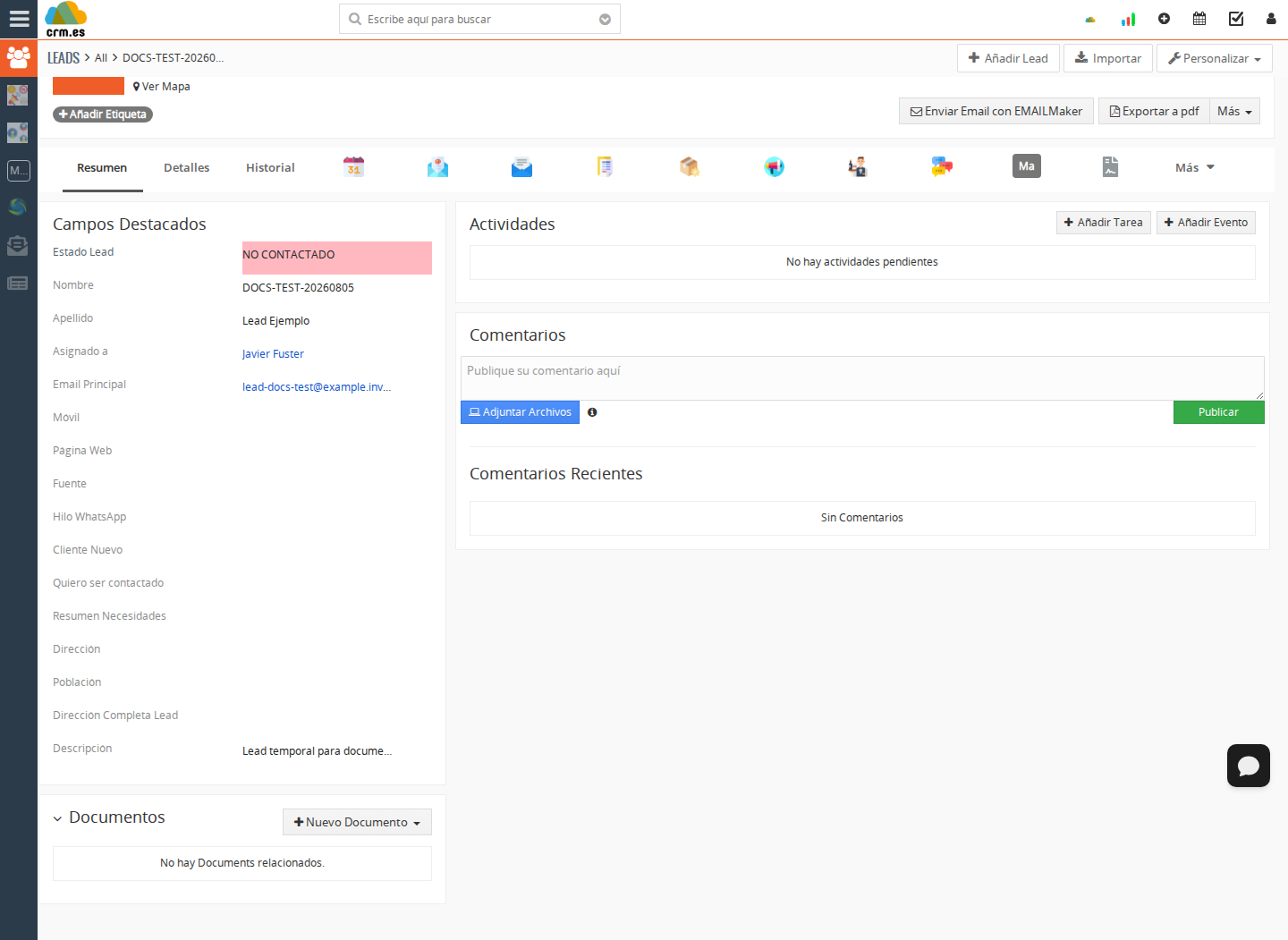 Ficha del lead de ejemplo con las acciones Editar, Enviar Email y Convertir Lead