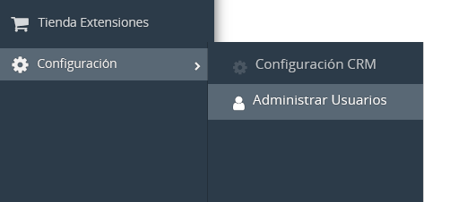 Menú lateral de Configuración abierto con la opción Administrar Usuarios resaltada junto a Configuración CRM