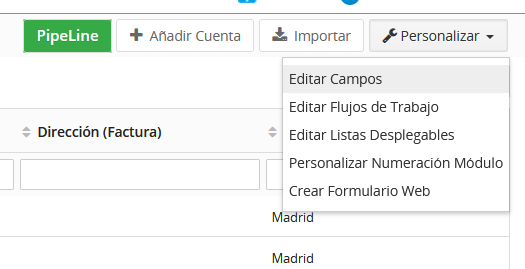 Barra de acciones de un módulo con el desplegable Personalizar abierto y la opción Editar Campos resaltada, junto a Editar Flujos de Trabajo, Editar Listas Desplegables, Personalizar Numeración Módulo y Crear Formulario Web