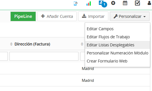 Barra de acciones de un módulo con el desplegable Personalizar abierto y la opción Editar Listas Desplegables resaltada