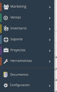 Menú principal documentado en CRM.ES con los bloques Marketing, Ventas, Inventario, Soporte, Proyectos y Herramientas