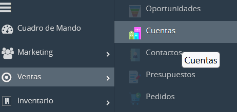 Primer plano del submenú de Ventas con la opción Cuentas resaltada y su tooltip visible