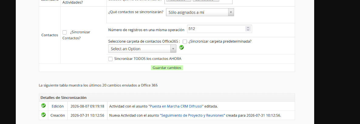 Configuración de actividades, estados excluidos, alcance y carpeta de contactos