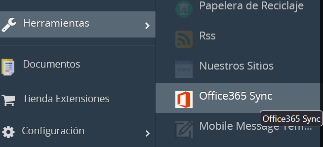 Ruta del menú Herramientas para abrir Office365 Sync