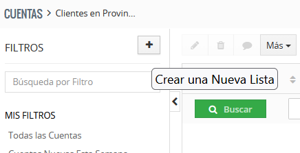 Panel lateral FILTROS del módulo Cuentas con el botón + y su ayuda emergente Crear una Nueva Lista, un buscador de filtros y el apartado MIS FILTROS con la lista Todas las Cuentas