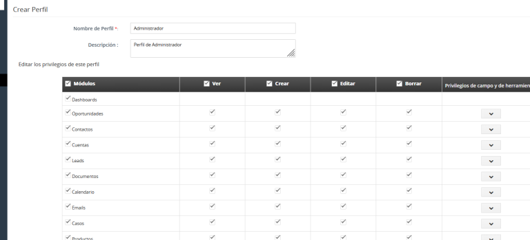 Pantalla Crear Perfil con el Nombre Administrador, la Descripción Perfil de Administrador y la tabla de privilegios por módulo con las columnas Ver, Crear, Editar y Borrar para Dashboards, Oportunidades, Contactos, Cuentas y Leads