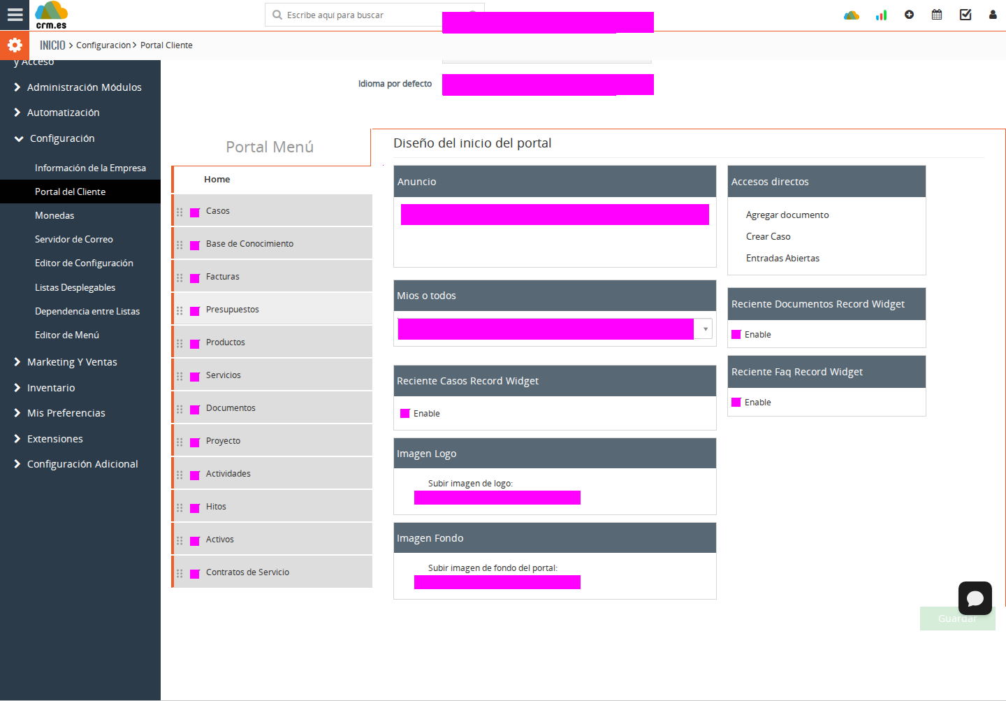 Configuración del Portal del Cliente con valores privados ocultos