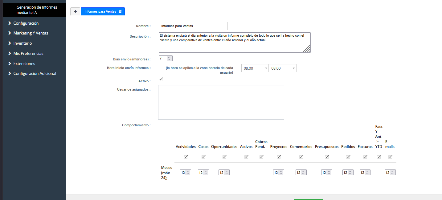 Configuración del Informe Previsita por IA con programación, usuarios y módulos autorizados