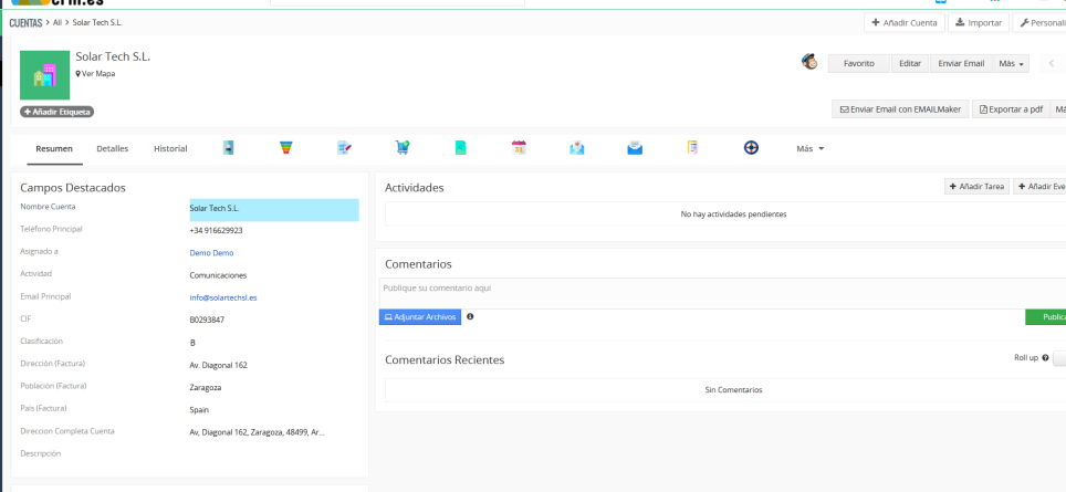 Vista Resumen de la cuenta Solar Tech S.L. con la columna Campos Destacados (teléfono, email, CIF y dirección), los bloques Actividades y Comentarios, las pestañas Resumen, Detalles e Historial y los botones Editar, Enviar Email y Exportar a pdf