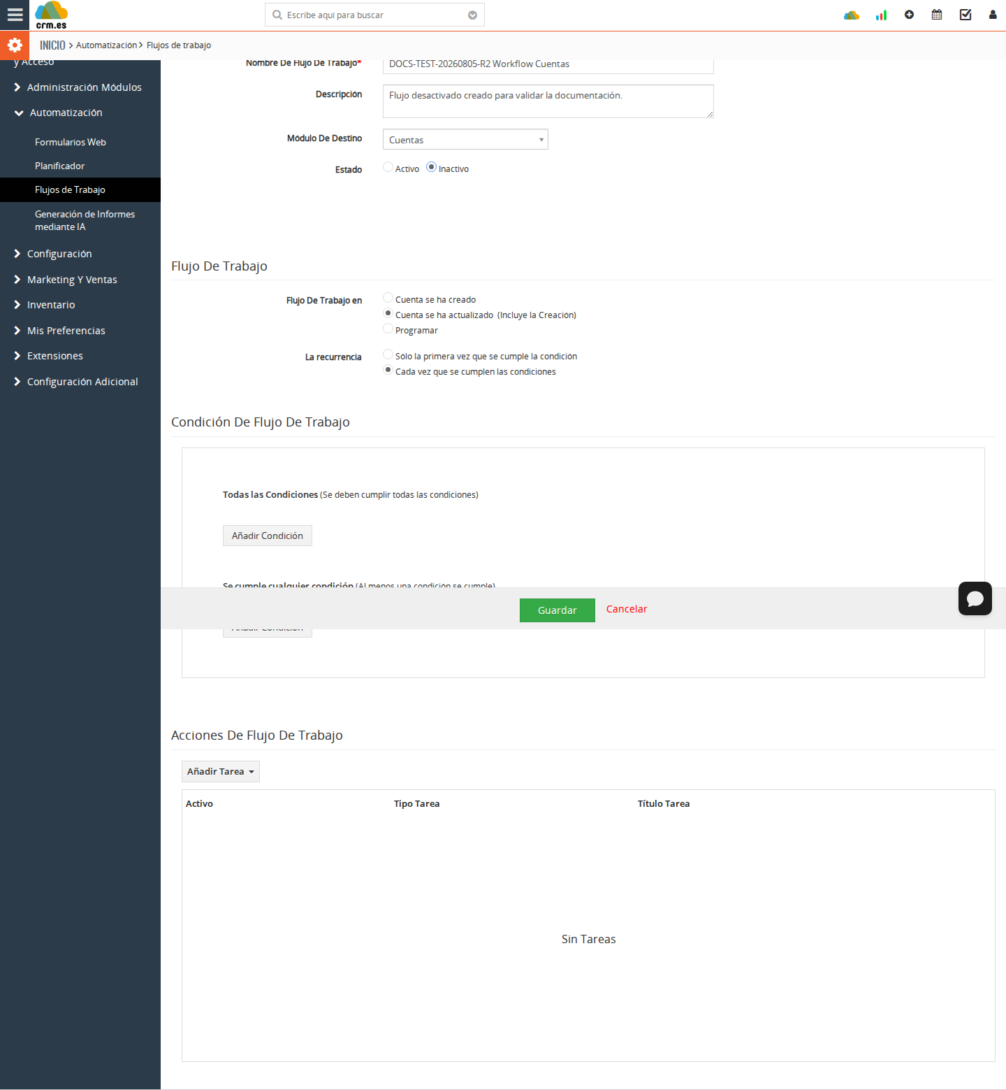 Editor de workflow con nombre Ejemplo, Cuentas como módulo, estado inactivo y disparador de actualización